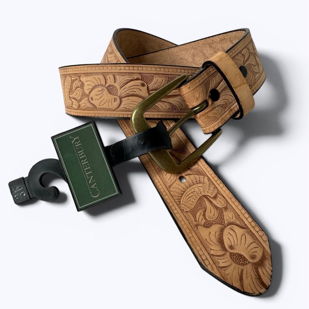 Canterbury Tooled Leather Belt Tan Floral Full Grain Cowhide USA Made Mens 36